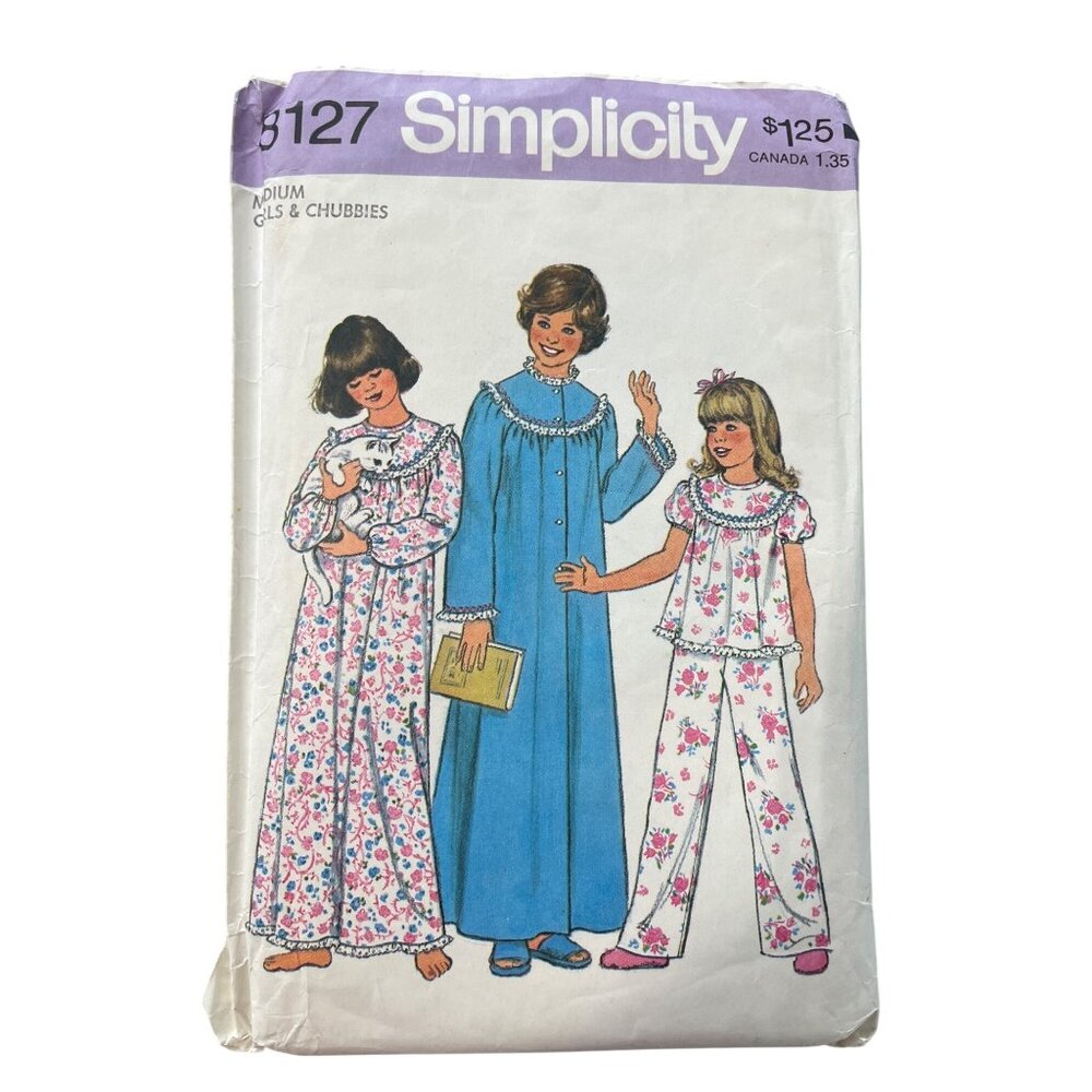 70s Simplicity 8127 Sewing Pattern Size Medium Girls Pajamas Nightgown Robe CUT